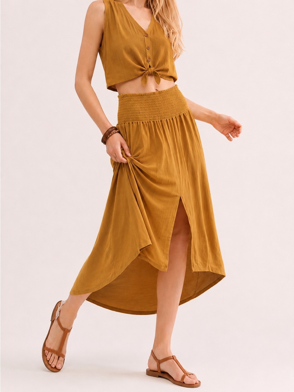 Free People Beach Mustard Boho Midi Skirt | Smocked Waist High Low Hem |